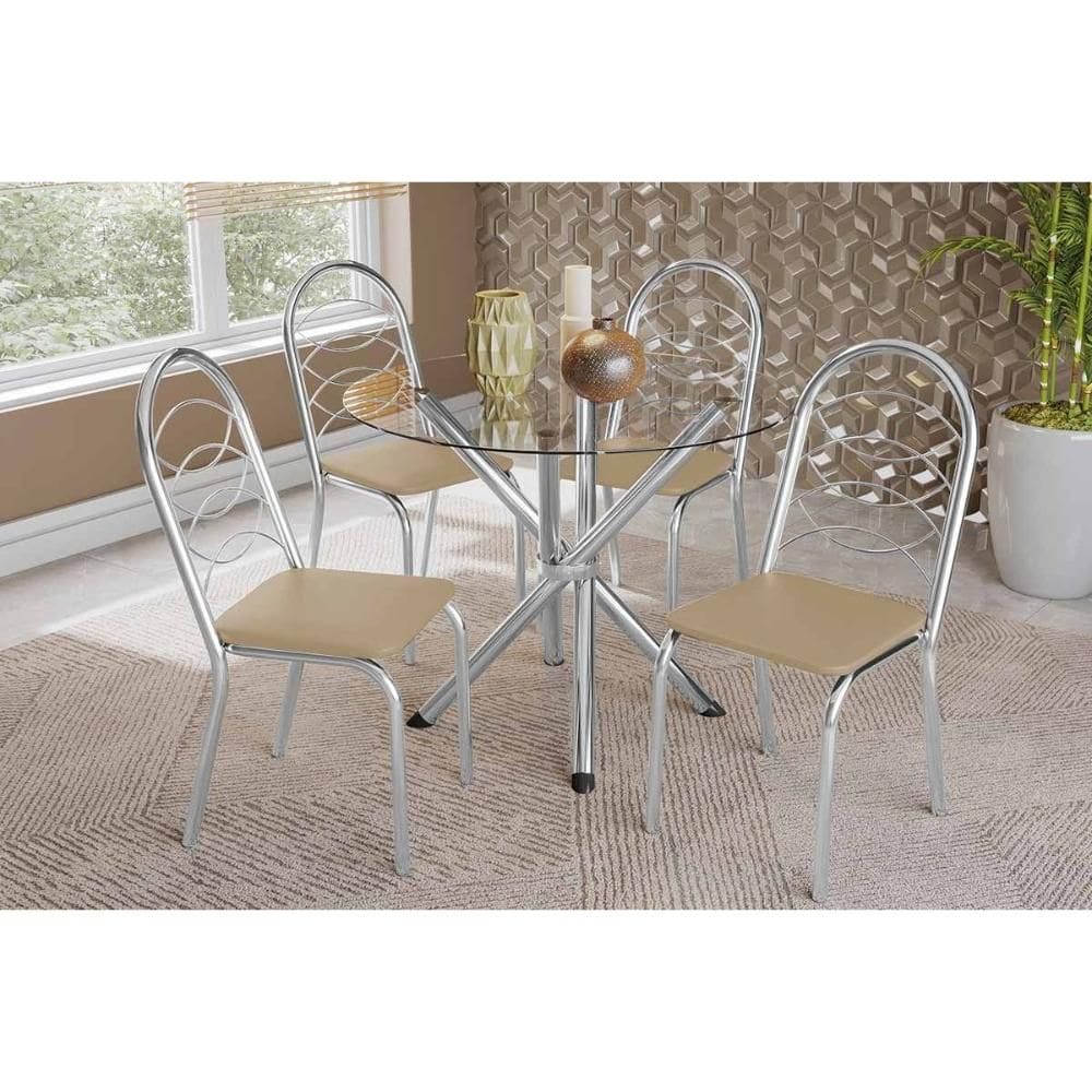Conjunto: Mesa Sala Jantar Volga c/ Tampo de Vidro 95cm e 4 Cadeiras Holanda Cromada - Courano Bege - Kappesberg