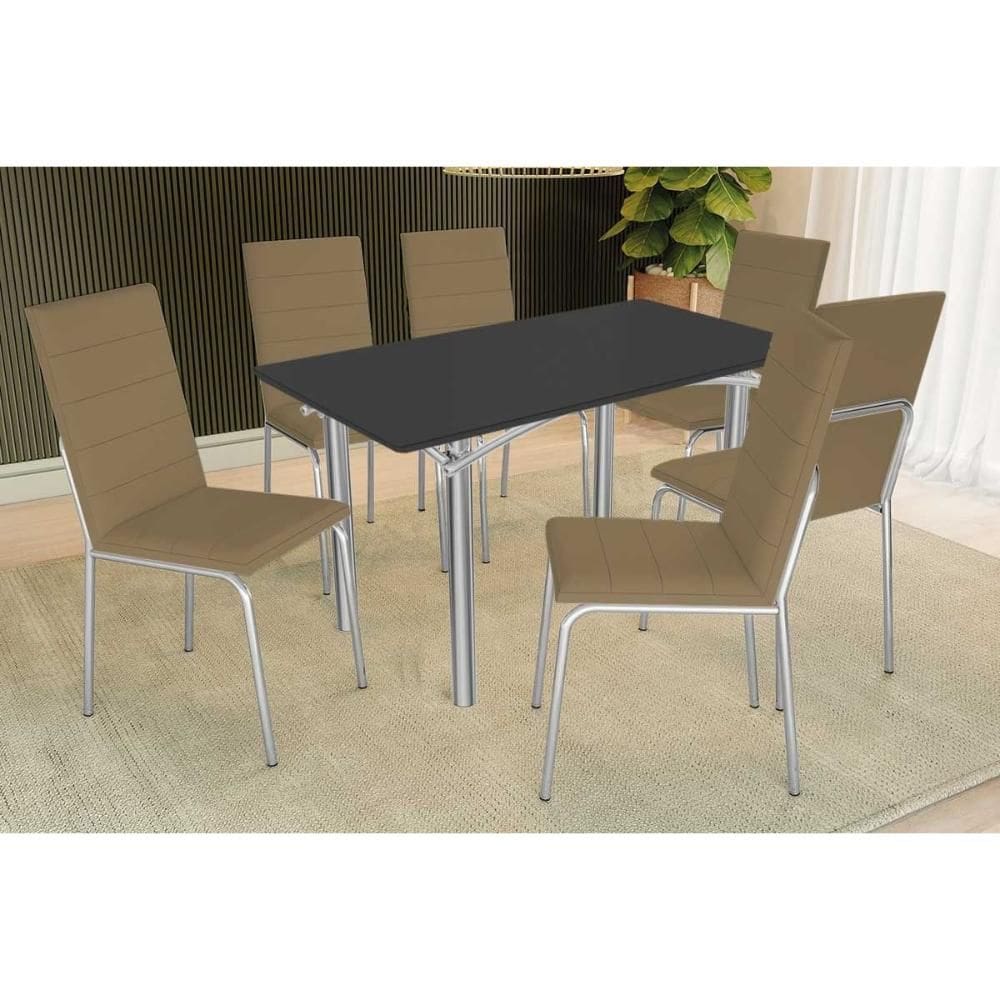 Conjunto: Mesa Sala Jantar Elba Tampo Madeirado c/ Vidro 160cm e 6 Cadeiras Amsterdã Cromada/Preto - Courano Capuccino - Kappesberg