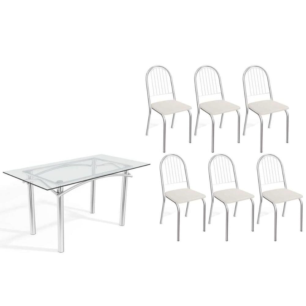 Conjunto: Mesa Sala Jantar Elba c/ Tampo de Vidro 150cm e 6 Cadeiras Noruega Cromada - Courano Branco - Kappesberg