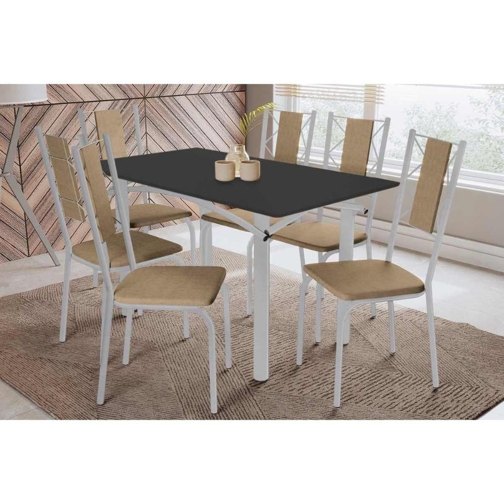 Conjunto: Mesa Sala Jantar Elba Tampo Madeirado c/ Vidro 160cm e 6 Cadeiras Lisboa Cromada/Preto - Courano Capuccino - Kappesberg