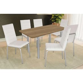 Conjunto: Mesa de Cozinha Elba c/ Tampo de Madeira 160cm e 6 Cadeiras Amsterdã Cromada/Nogueira - Courano Branco - Kappesberg