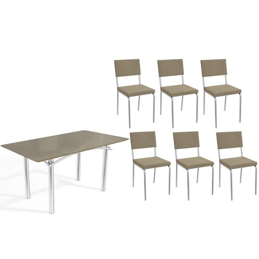 Conjunto: Mesa Sala Jantar Elba Tampo Madeirado c/ Vidro 160cm e 6 Cadeiras Zaria Cromada/Freijo Bronze - Boucle Bege - Kappesberg