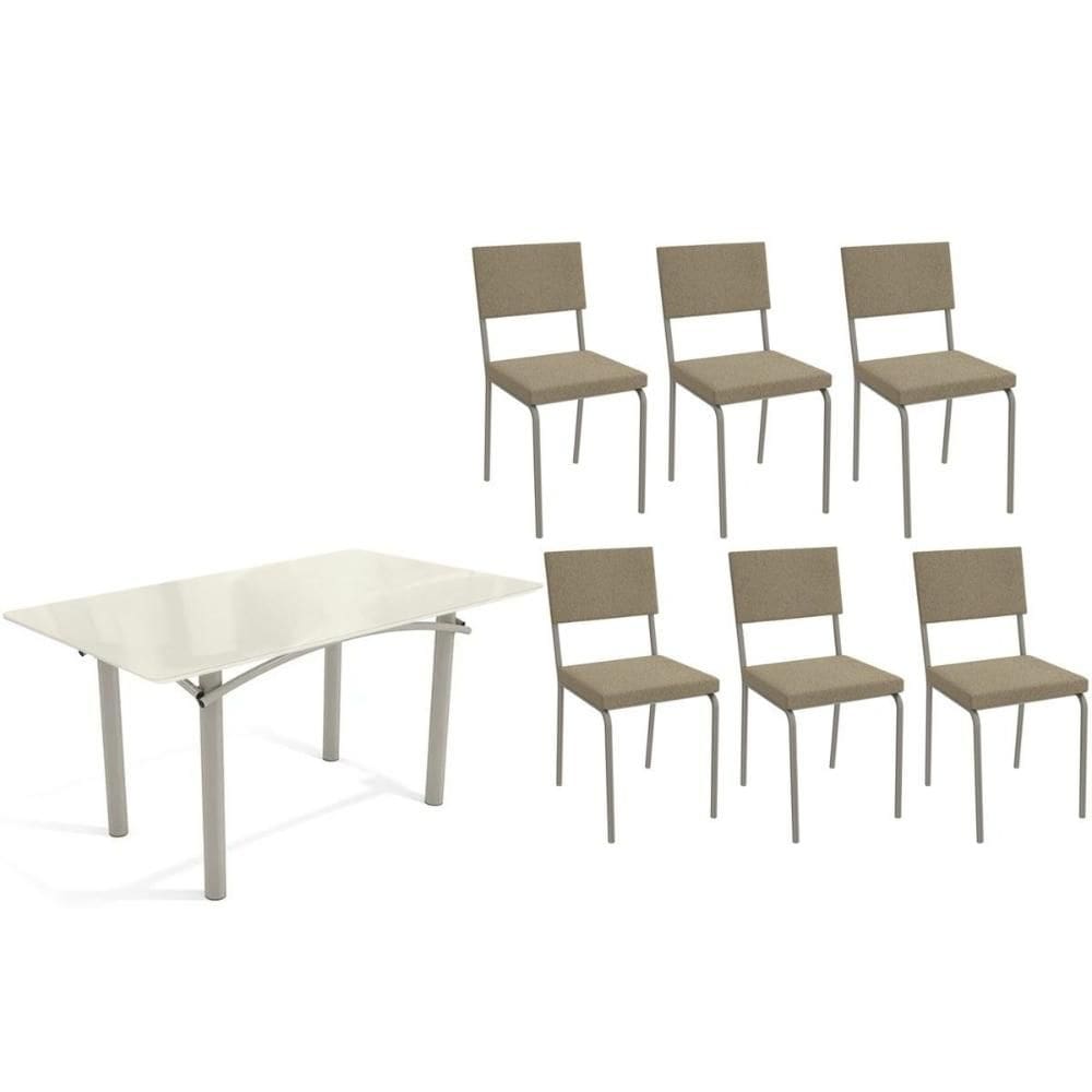 Conjunto: Mesa de Cozinha Elba Tampo Madeirado c/ Vidro 160cm e 6 Cadeiras Zaria Niquel/Off White - Boucle Bege - Kappesberg