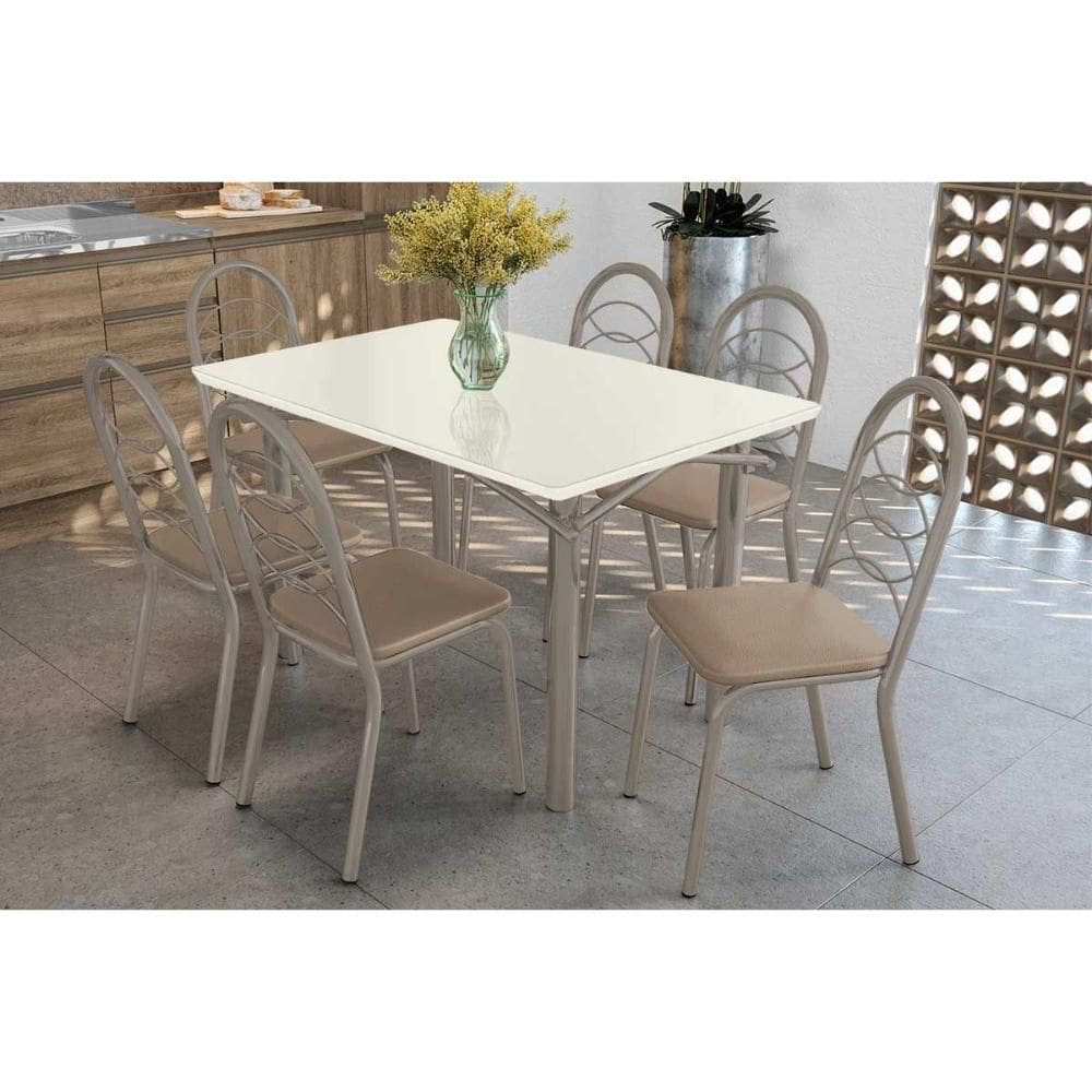 Conjunto: Mesa de Cozinha Elba Tampo Madeirado c/ Vidro 120cm e 6 Cadeiras Holanda Niquel/Off White - Courano Bege - Kappesberg