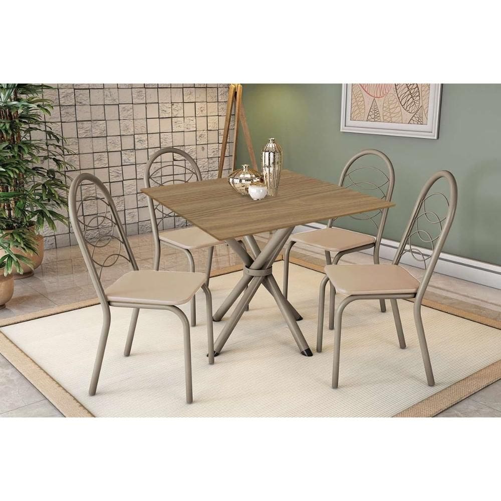 Conjunto: Mesa de Cozinha Volga c/ Tampo de Madeira 90cm e 4 Cadeiras Holanda Niquel/Nogueira - Bege - Kappesberg