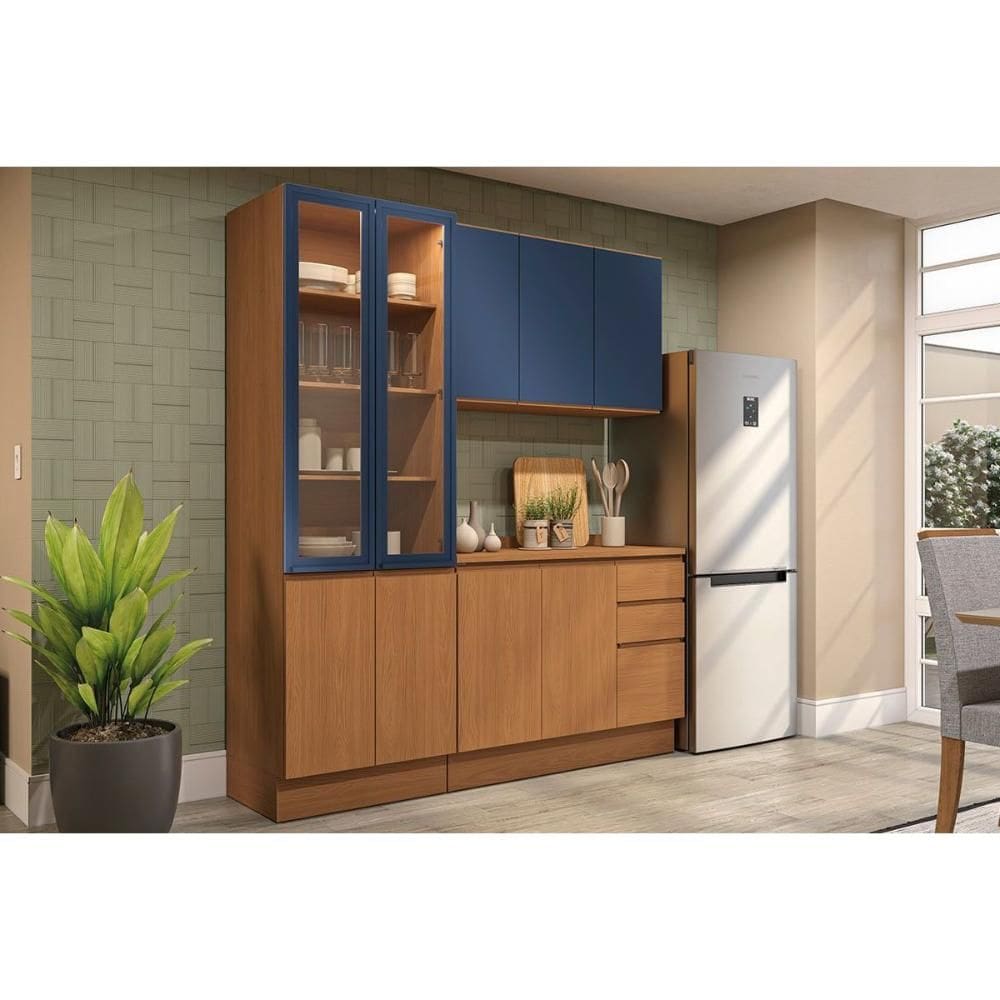 Cozinha Modulada Completa Ciela 4 Peças (1Aéreo+1Balcão+1Cristaleira+1Complemento) C4P166 Canela/Azul Profundo - Kappesberg