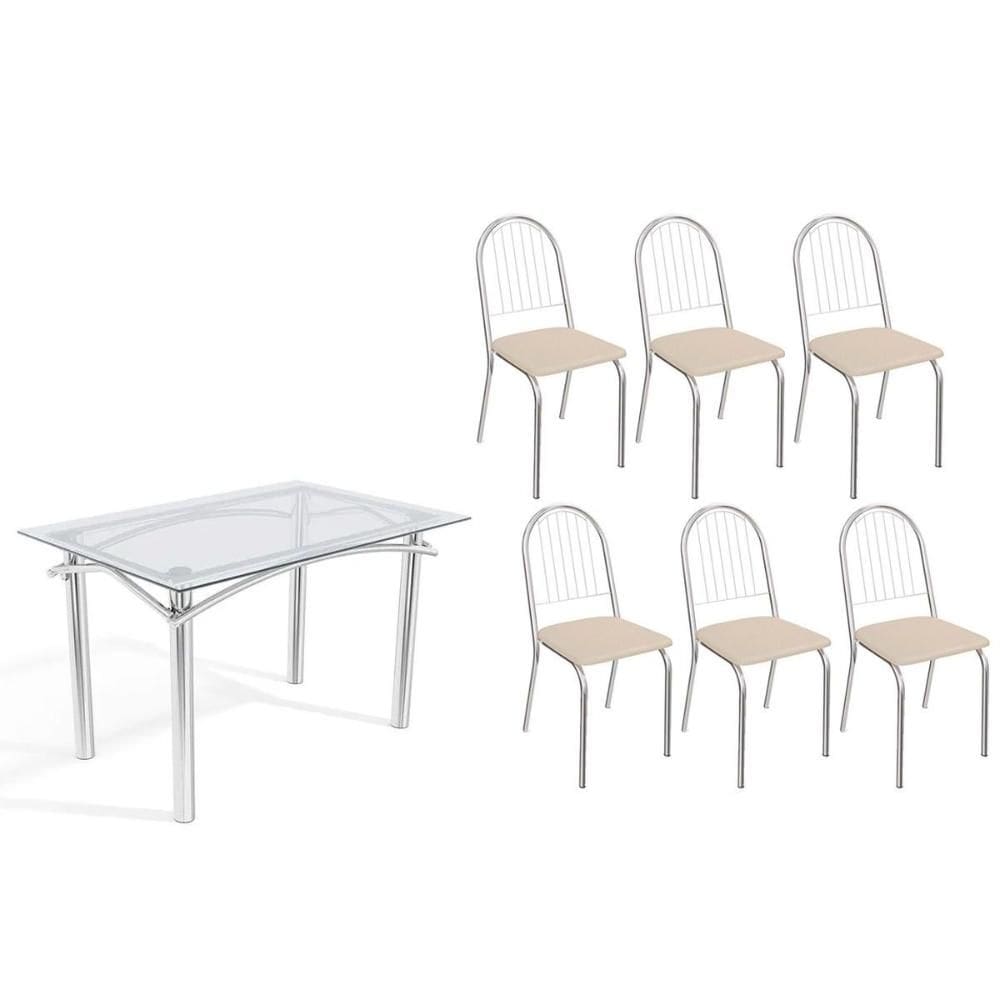 Conjunto: Mesa Sala Jantar Elba c/ Tampo de Vidro 120cm e 6 Cadeiras Noruega Cromada - Courano Bege - Kappesberg
