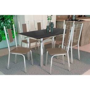 Conjunto: Mesa de Cozinha Elba Tampo Madeirado c/ Vidro 120cm e 6 Cadeiras Florença Cromada/Preto - Courano Marrom - Kappesberg