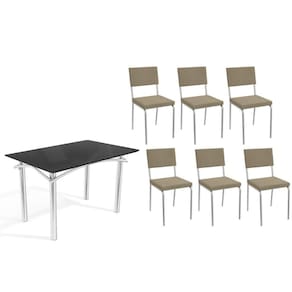 Conjunto: Mesa de Cozinha Elba Tampo Madeirado c/ Vidro 120cm e 6 Cadeiras Zaria Cromada/Preto - Boucle Bege - Kappesberg
