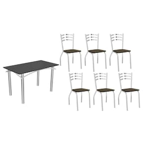 Conjunto: Mesa Sala Jantar Elba Tampo Madeirado c/ Vidro 120cm e 6 Cadeiras Portugal Cromada/Preto - Courano Marrom - Kappesberg