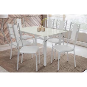 Conjunto: Mesa de Cozinha Elba Tampo Madeirado c/ Vidro 120cm e 6 Cadeiras Lisboa Cromada/Off White - Courano Branco - Kappesberg