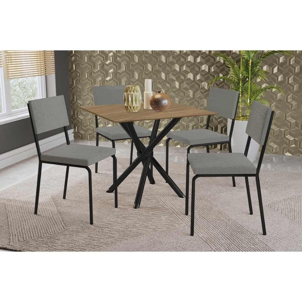 Conjunto: Mesa Sala Jantar Volga c/ Tampo de Madeira 90cm e 4 Cadeiras Zaria Preto/Nogueira - Boucle Cinza - Kappesberg