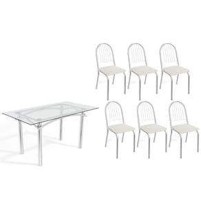 Conjunto: Mesa de Cozinha Elba c/ Tampo de Vidro 150cm e 6 Cadeiras Noruega Cromada - Courano Branco - Kappesberg