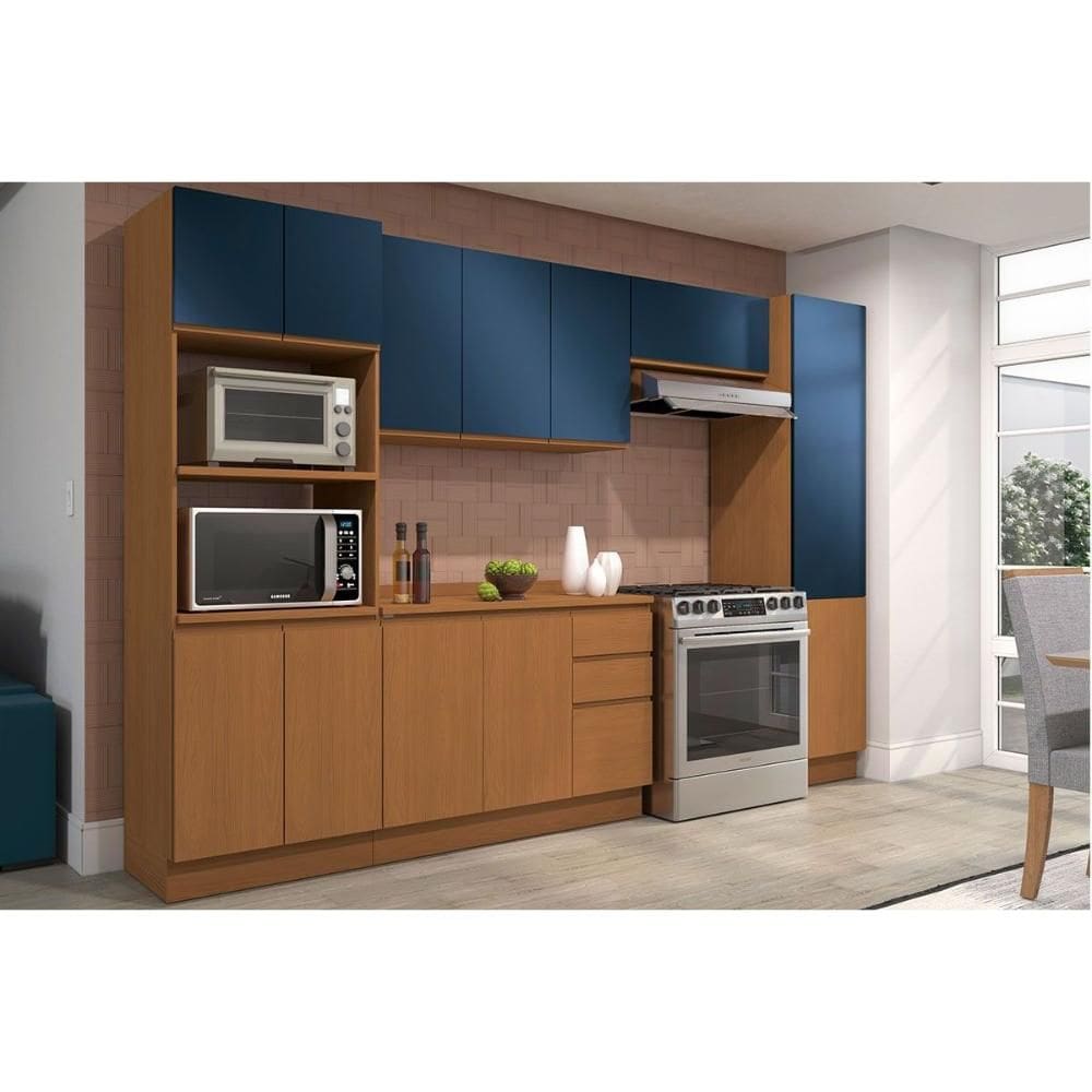 Kit Cozinha Completa 6 Peças Ciela (2Aéreos+1Balcão+1Paneleiro+1TorreQuente+1Complemento) C6P94 Canela/Azul Profundo - Kappesberg