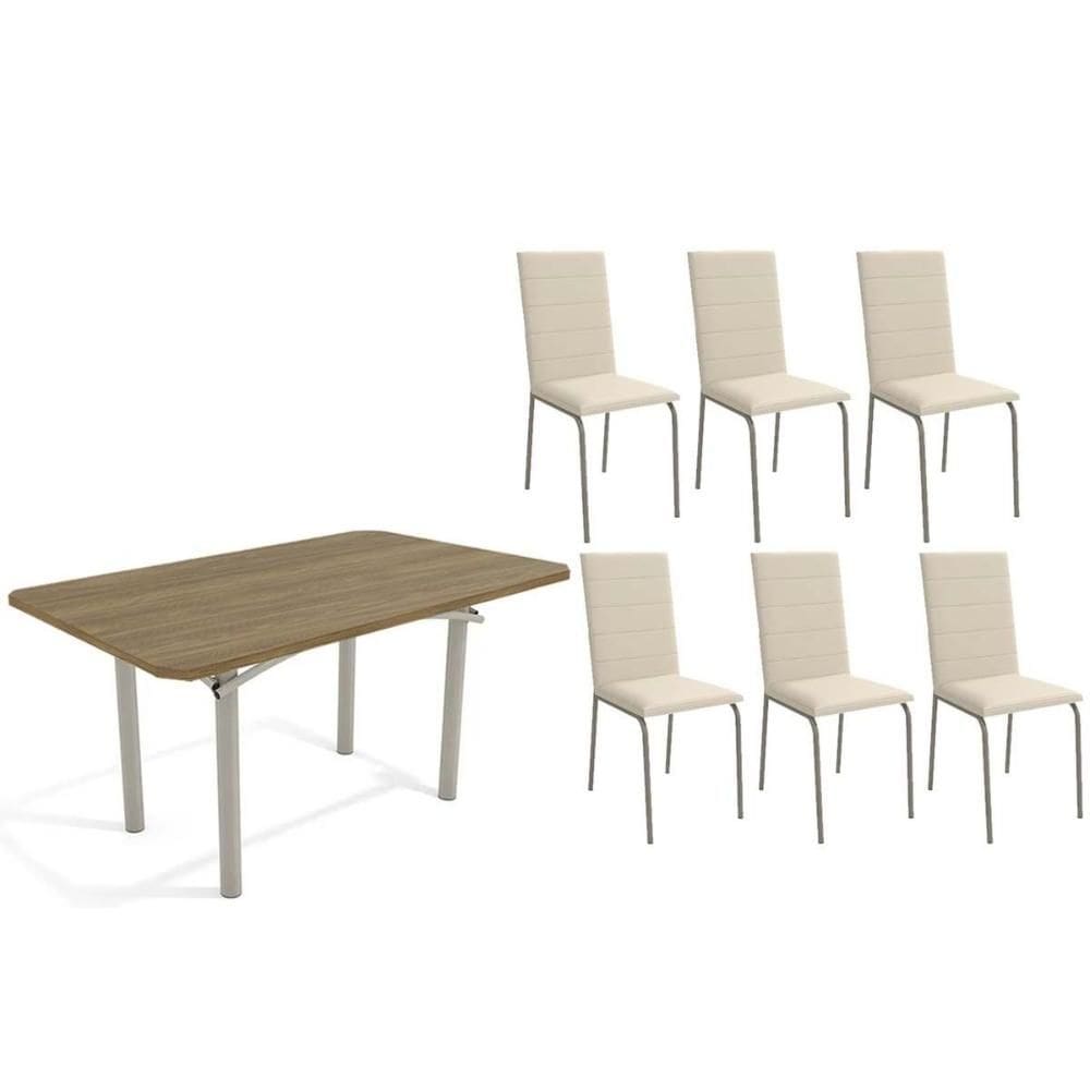 Conjunto: Mesa de Cozinha Elba c/ Tampo de Madeira 160cm e 6 Cadeiras Amsterdã Niquel/Nogueira - Courano Bege - Kappesberg