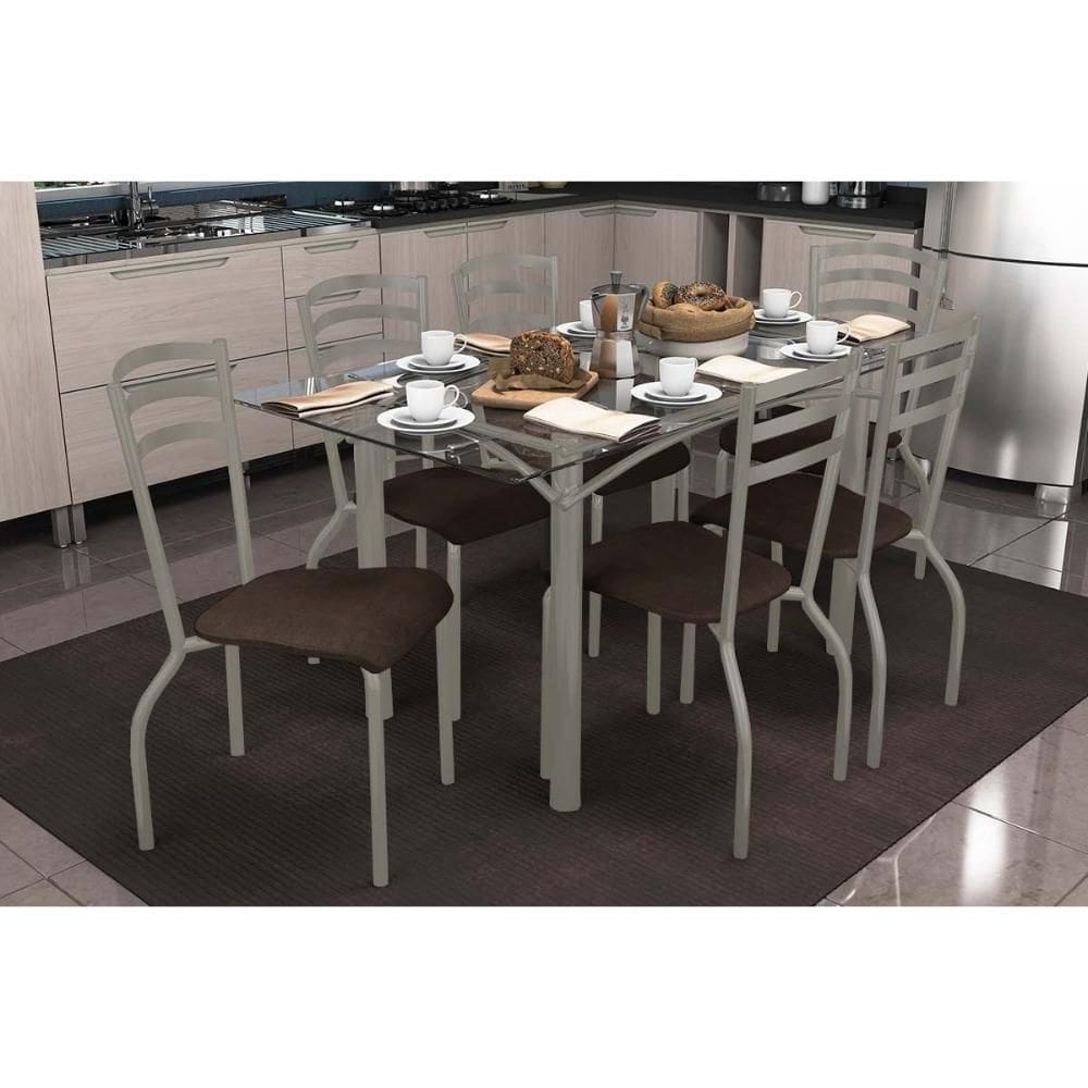Conjunto: Mesa Sala Jantar Elba c/ Tampo de Vidro 150cm e 6 Cadeiras Portugal Niquel - Courano Marrom - Kappesberg