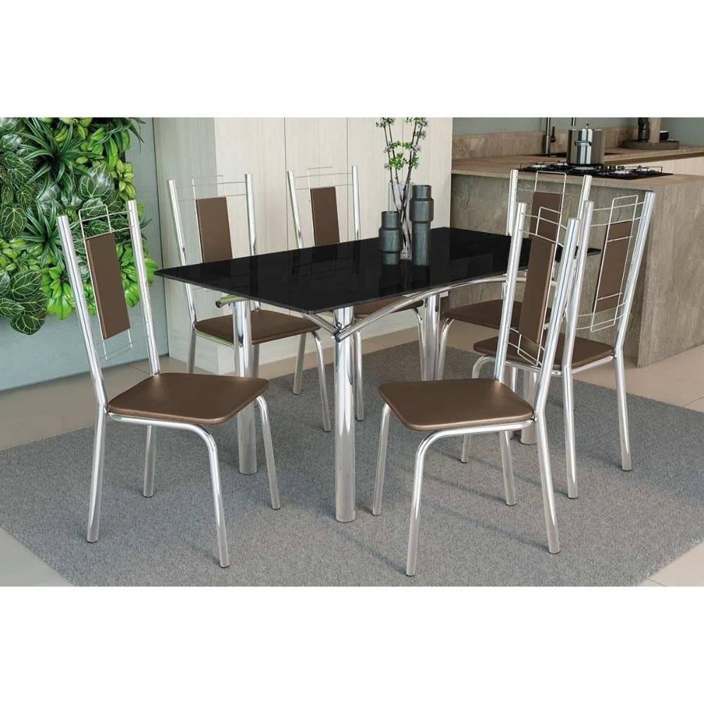 Conjunto: Mesa de Cozinha Elba Tampo Madeirado c/ Vidro 160cm e 6 Cadeiras Florença Cromada/Preto - Courano Marrom - Kappesberg