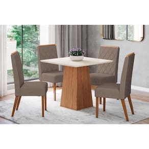 Conjunto: Mesa de Cozinha Dora c/ Tampo Madeirado 90x90cm e 4 Cadeiras Nina Nature/Off White - Suede Marrom - Henn