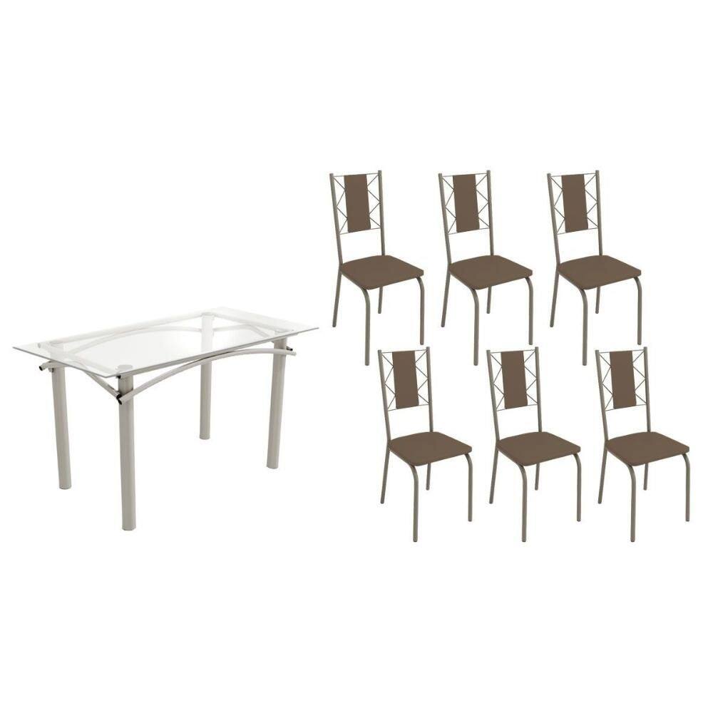 Conjunto: Mesa Sala Jantar Elba c/ Tampo de Vidro 150cm e 6 Cadeiras Lisboa Niquel - Courano Marrom - Kappesberg