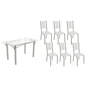 Conjunto: Mesa de Cozinha Elba c/ Tampo de Vidro 150cm e 6 Cadeiras Lisboa Niquel - Courano Branco - Kappesberg