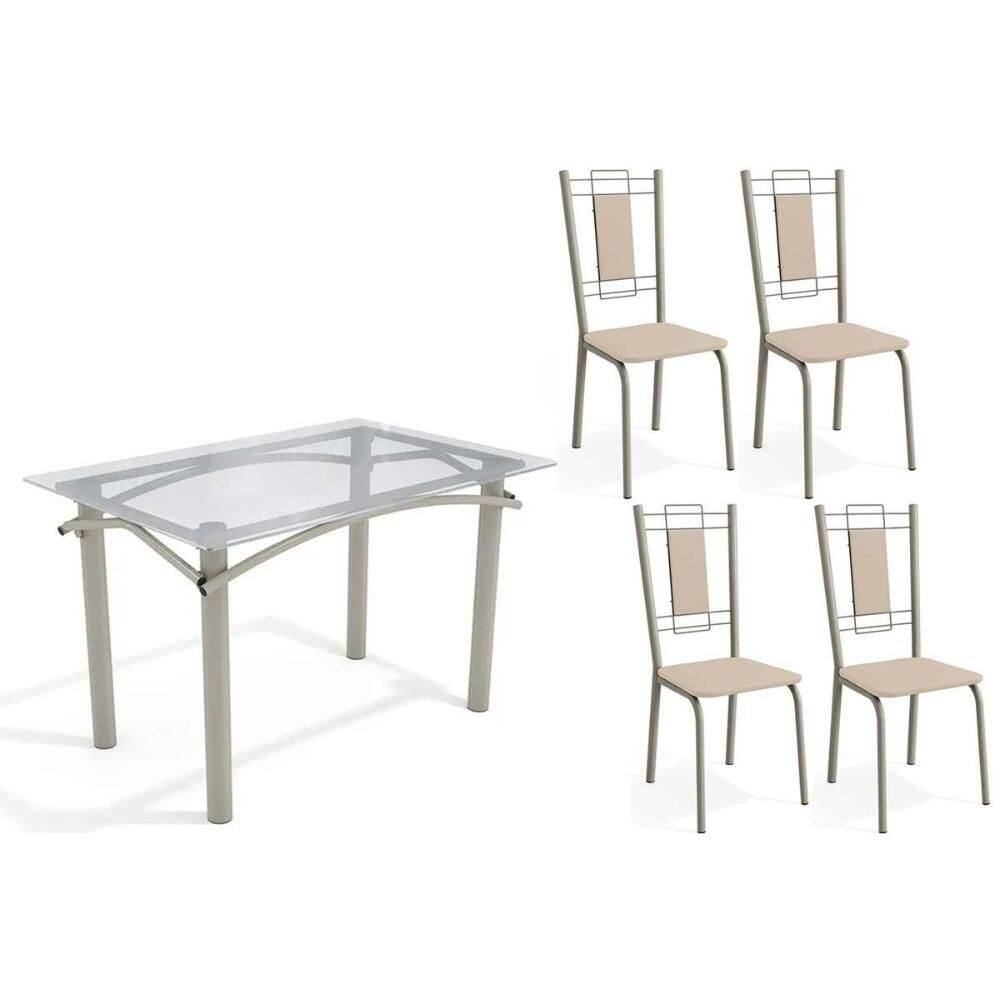 Conjunto: Mesa de Cozinha Elba c/ Tampo de Vidro 120cm e 4 Cadeiras Florença Niquel - Courano Bege - Kappesberg