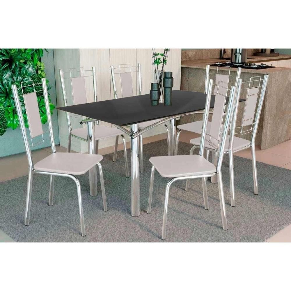 Conjunto: Mesa Sala Jantar Elba Tampo Madeirado c/ Vidro 120cm e 6 Cadeiras Florença Cromada/Preto - Courano Branco - Kappesberg