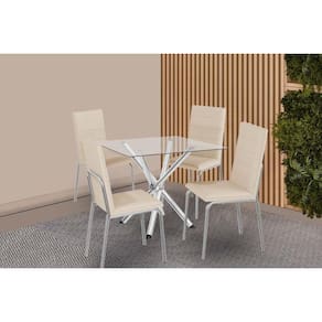 Conjunto: Mesa Sala Jantar Volga c/ Tampo de Vidro 90cm e 4 Cadeiras Amsterdã Cromada - Courano Bege - Kappesberg