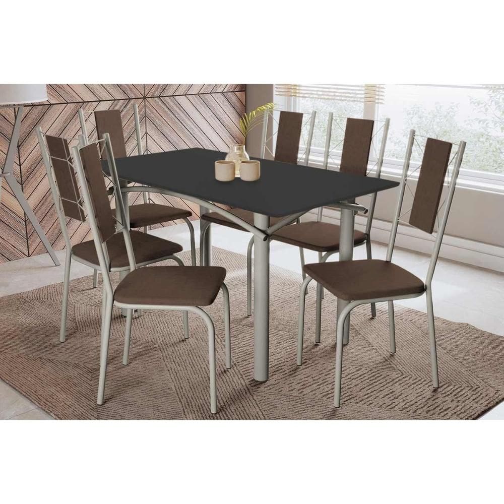 Conjunto: Mesa Sala Jantar Elba Tampo Madeirado c/ Vidro 160cm e 6 Cadeiras Lisboa Niquel/Preto - Courano Marrom - Kappesberg