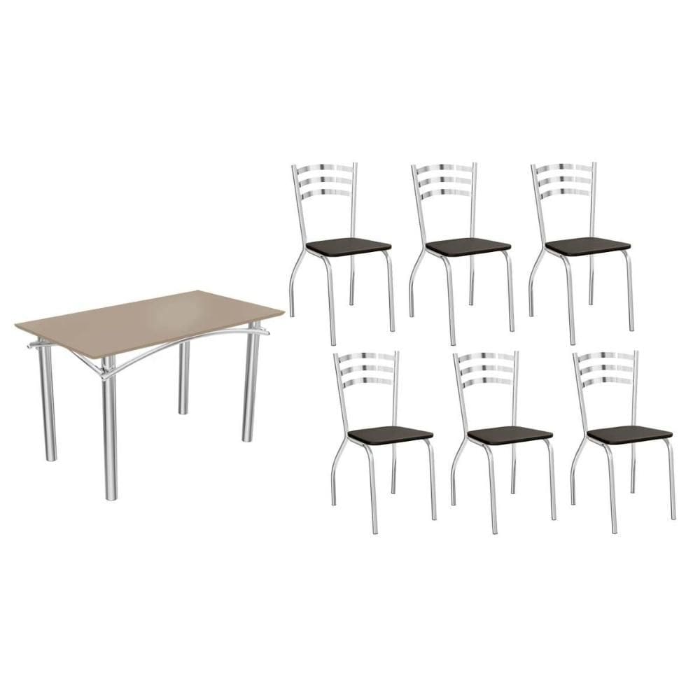 Conjunto: Mesa Sala Jantar Elba Tampo Madeirado c/ Vidro 120cm e 6 Cadeiras Portugal Cromada/Freijo Bronze - Courano Preto - Kappesberg