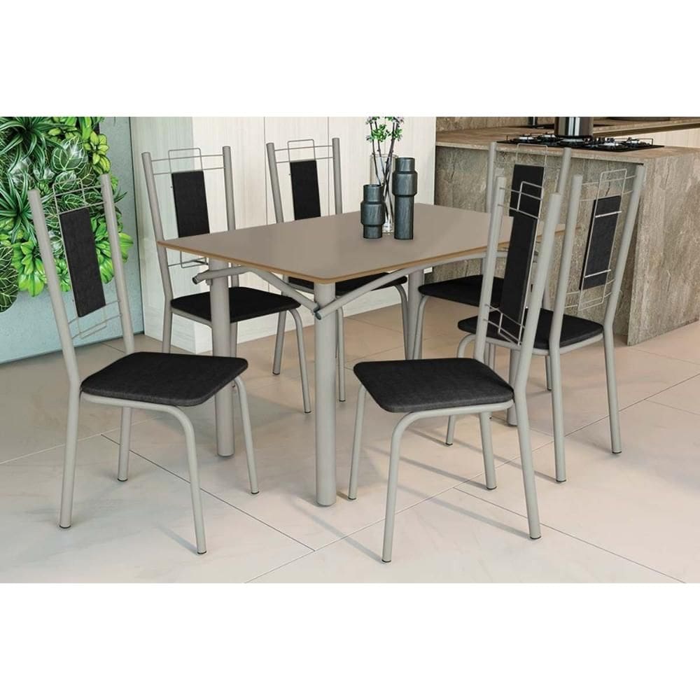 Conjunto: Mesa de Cozinha Elba Tampo Madeirado c/ Vidro 120cm e 6 Cadeiras Florença Niquel/Freijo Bronze - Courano Preto - Kappesberg