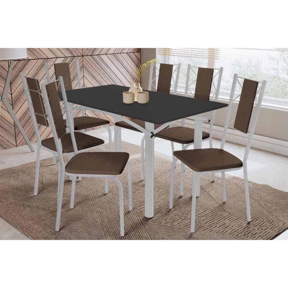 Conjunto: Mesa Sala Jantar Elba Tampo Madeirado c/ Vidro 160cm e 6 Cadeiras Lisboa Cromada/Preto - Courano Marrom - Kappesberg