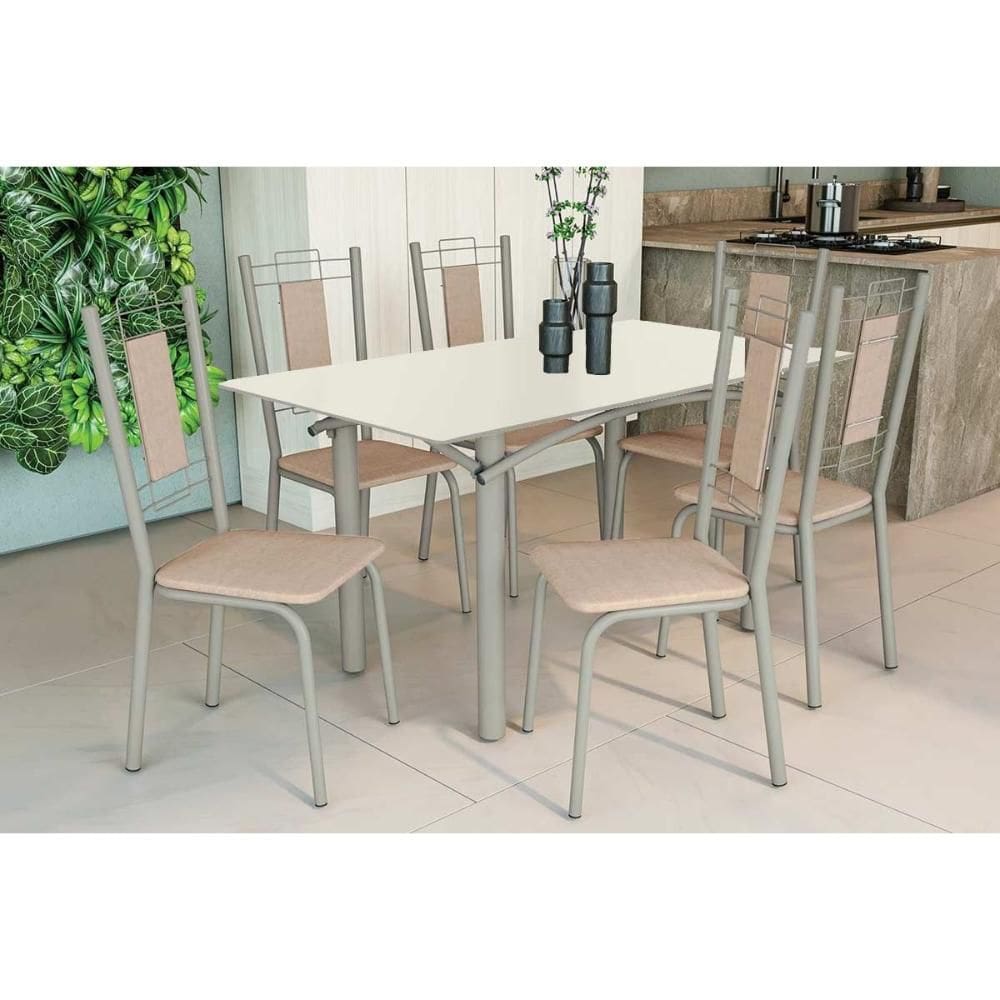 Conjunto: Mesa de Cozinha Elba Tampo Madeirado c/ Vidro 160cm e 6 Cadeiras Florença Niquel/Off White - Courano Bege - Kappesberg