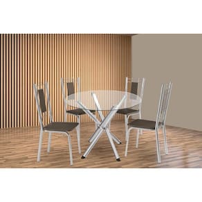 Conjunto: Mesa de Cozinha Volga c/ Tampo de Vidro 95cm e 4 Cadeiras Florença Cromada - Courano Marrom - Kappesberg