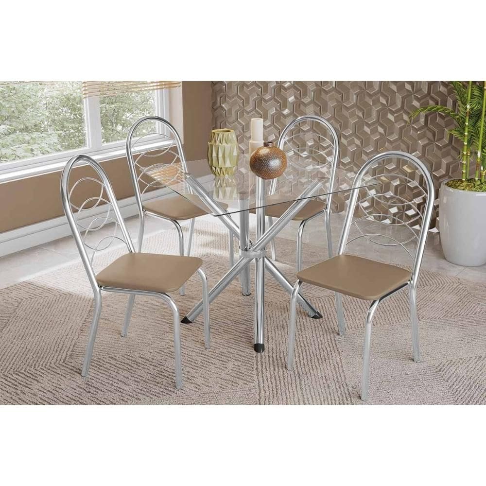 Kit 4 Cadeiras Sala Jantar Volga c/ Tampo de Vidro 90cm e 4 Cadeiras Holanda Cromada - Courano Bege - Kappesberg