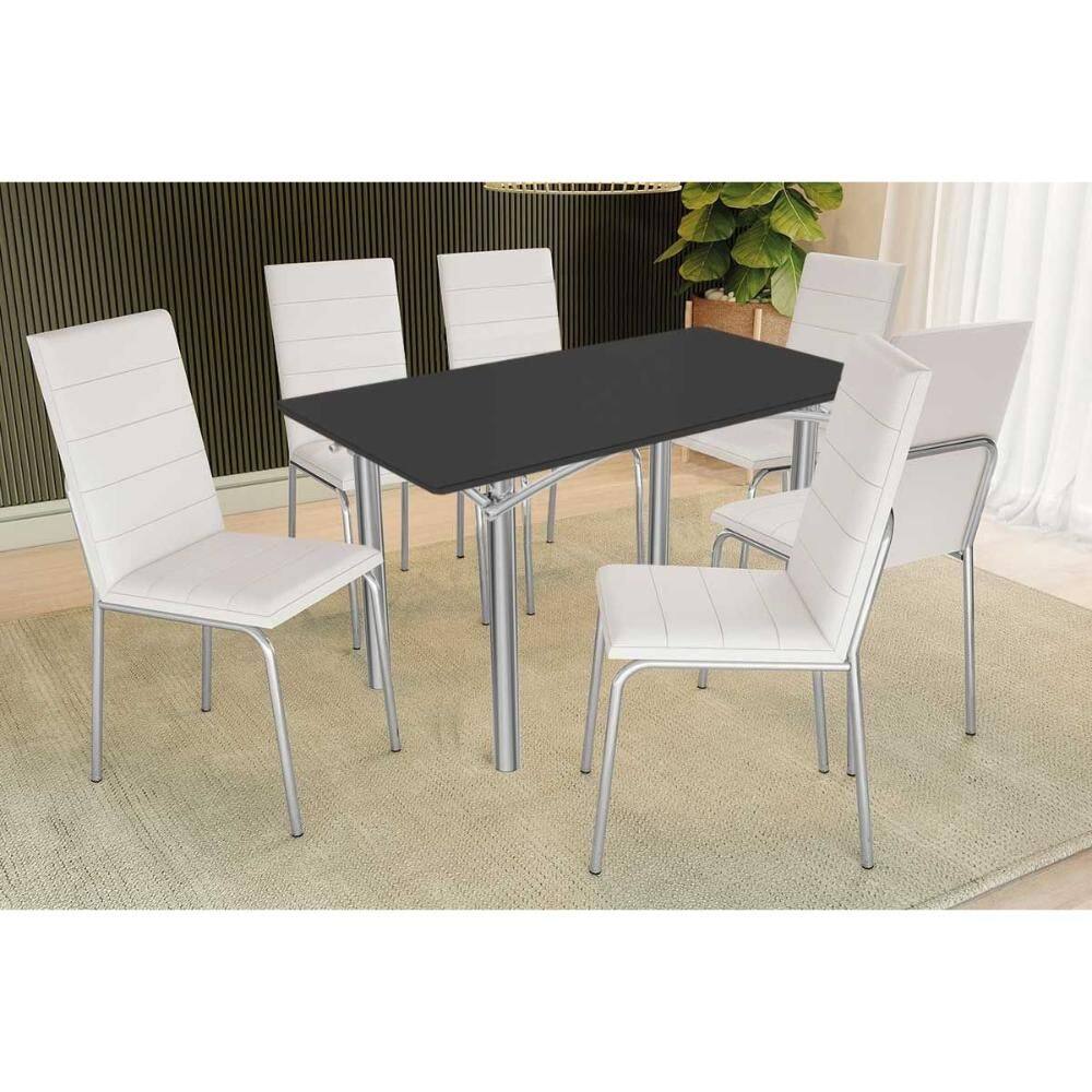 Conjunto: Mesa Sala Jantar Elba Tampo Madeirado c/ Vidro 160cm e 6 Cadeiras Amsterdã Cromada/Preto - Courano Branco - Kappesberg