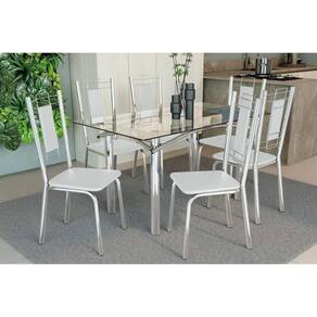 Conjunto: Mesa Sala Jantar Elba c/ Tampo de Vidro 140cm e 6 Cadeiras Florença Cromada - Courano Branco - Kappesberg