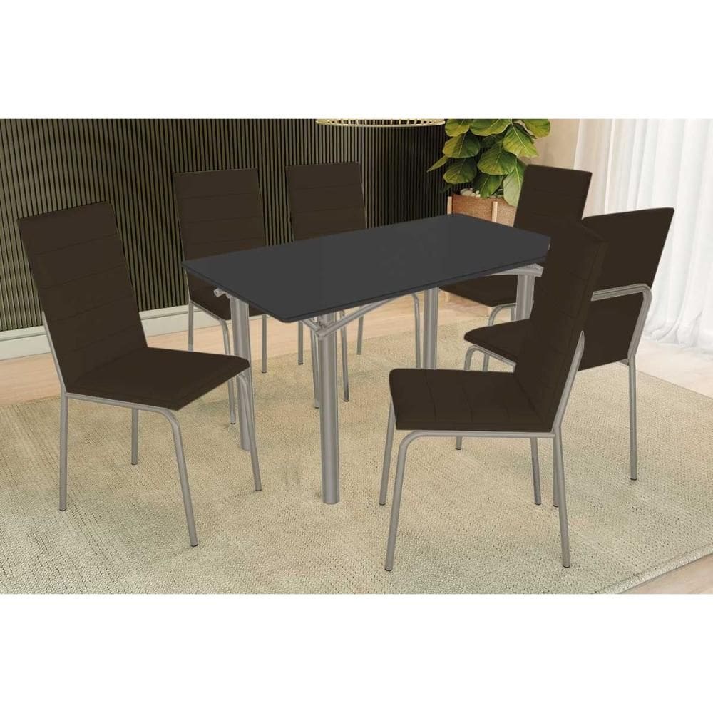 Conjunto: Mesa de Cozinha Elba Tampo Madeirado c/ Vidro 160cm e 6 Cadeiras Amsterdã Niquel/Preto - Courano Marrom - Kappesberg