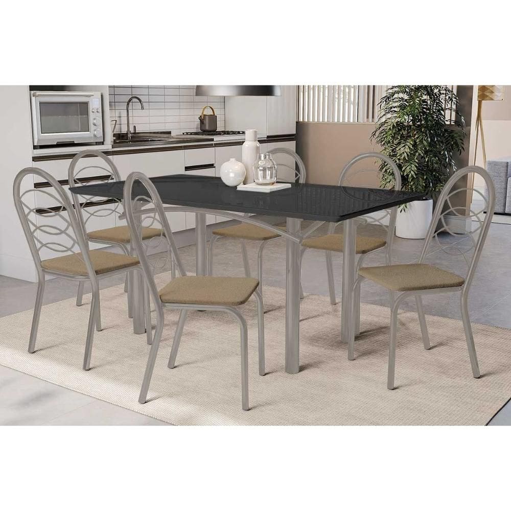 Conjunto: Mesa de Cozinha Elba Tampo Madeirado c/ Vidro 160cm e 6 Cadeiras Holanda Niquel/Preto - Courano Capuccino - Kappesberg