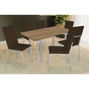 Conjunto: Mesa Sala Jantar Elba c/ Tampo de Madeira 160cm e 6 Cadeiras Amsterdã Cromada/Nogueira - Courano Marrom - Kappesberg