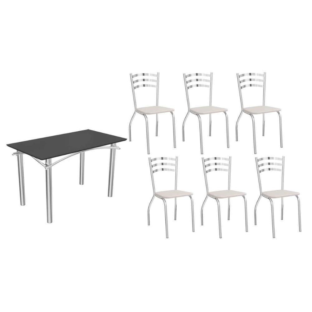 Conjunto: Mesa de Cozinha Elba Tampo Madeirado c/ Vidro 120cm e 6 Cadeiras Portugal Cromada/Preto - Courano Branco - Kappesberg