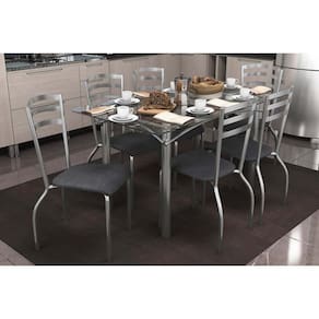 Conjunto: Mesa Sala Jantar Elba c/ Tampo de Vidro 140cm e 6 Cadeiras Portugal Cromada - Courano Preto - Kappesberg