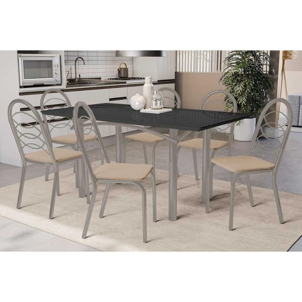 Conjunto: Mesa de Cozinha Elba Tampo Madeirado c/ Vidro 160cm e 6 Cadeiras Holanda Niquel/Preto - Courano Bege - Kappesberg