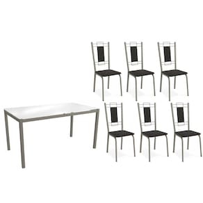 Conjunto: Mesa de Cozinha Reno c/ Tampo de Vidro 150cm e 4 Cadeiras Florença Niquel - Courano Preto - Kappesberg