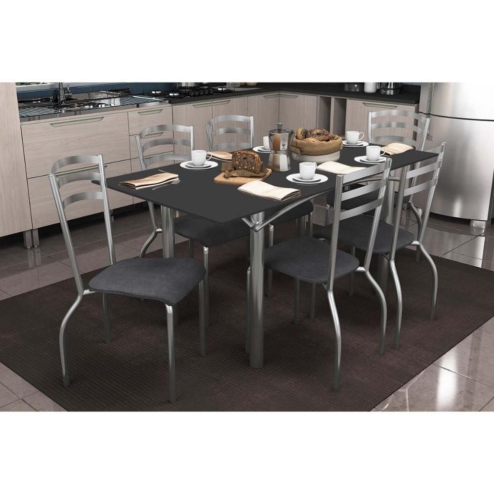 Conjunto: Mesa de Cozinha Elba Tampo Madeirado c/ Vidro 160cm e 6 Cadeiras Portugal Cromada/Preto - Courano Preto - Kappesberg