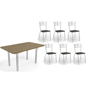 Conjunto: Mesa Sala Jantar Elba c/ Tampo de Madeira 160cm e 6 Cadeiras Portugal Cromada/Nogueira - Courano Preto - Kappesberg