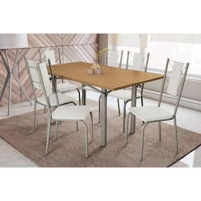 Conjunto: Mesa Sala Jantar Elba c/ Tampo de Madeira 160cm e 6 Cadeiras Lisboa Niquel/Nogueira - Courano Branco - Kappesberg