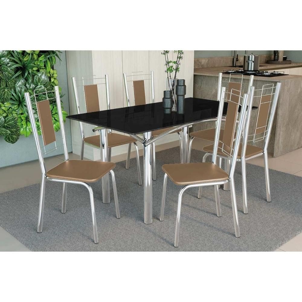 Conjunto: Mesa de Cozinha Elba Tampo Madeirado c/ Vidro 160cm e 6 Cadeiras Florença Cromada/Preto - Courano Capuccino - Kappesberg