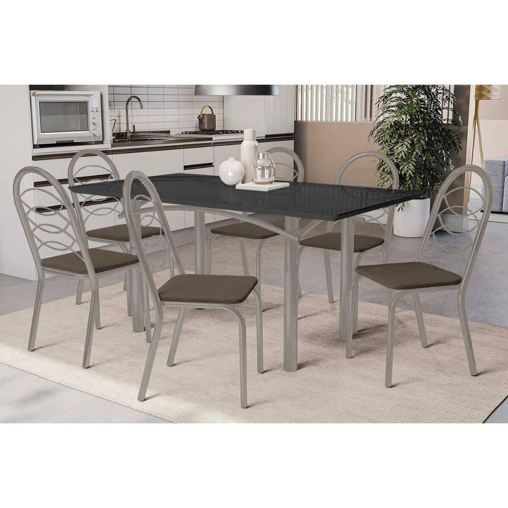Conjunto: Mesa de Cozinha Elba Tampo Madeirado c/ Vidro 160cm e 6 Cadeiras Holanda Niquel/Preto - Courano Marrom - Kappesberg