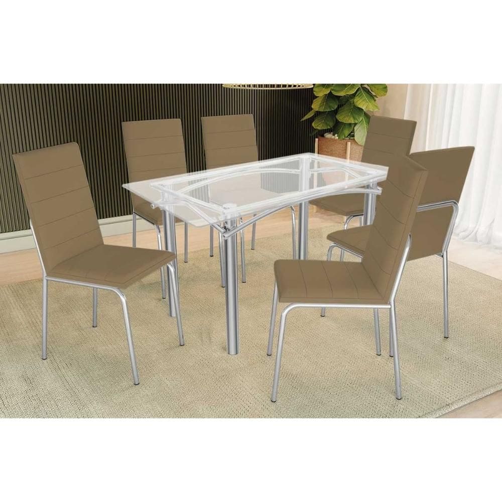 Conjunto: Mesa de Cozinha Elba c/ Tampo de Vidro 150cm e 6 Cadeiras Amsterdã Cromada - Courano Capuccino - Kappesberg
