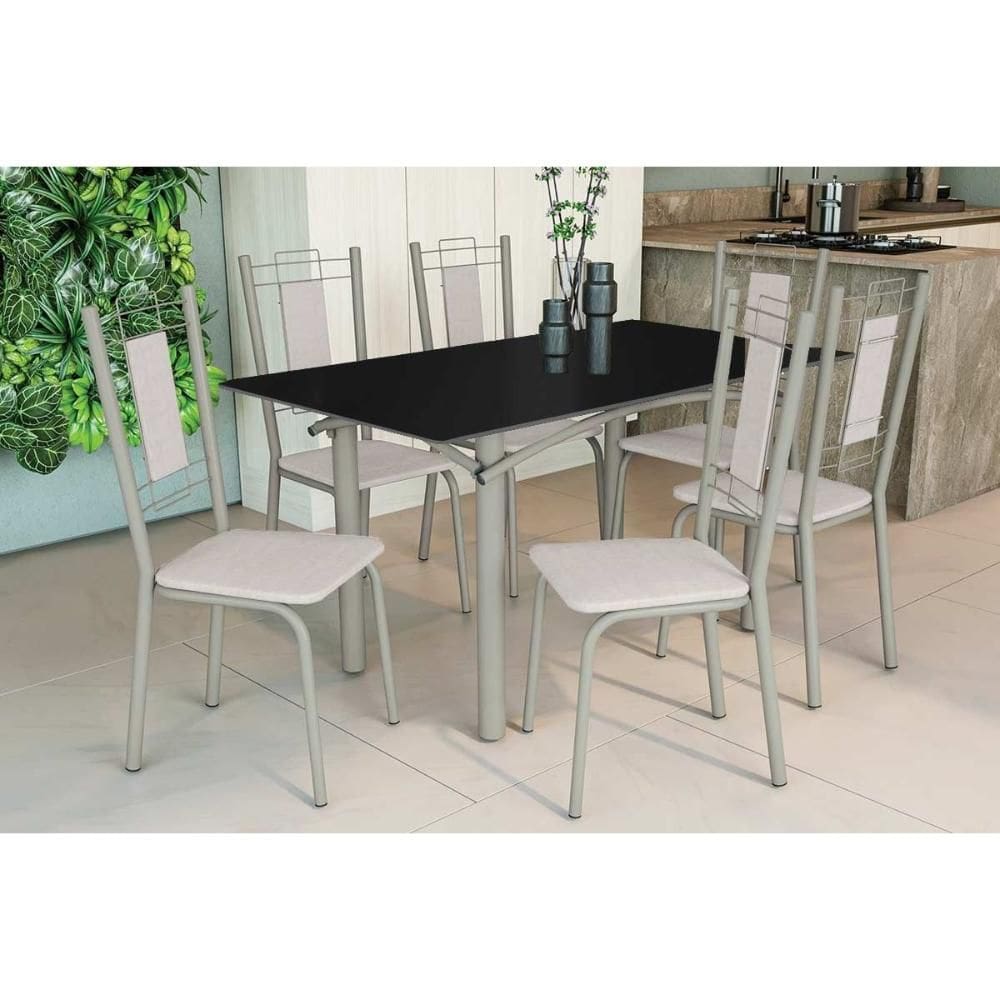 Conjunto: Mesa de Cozinha Elba Tampo Madeirado c/ Vidro 160cm e 6 Cadeiras Florença Niquel/Preto - Courano Branco - Kappesberg